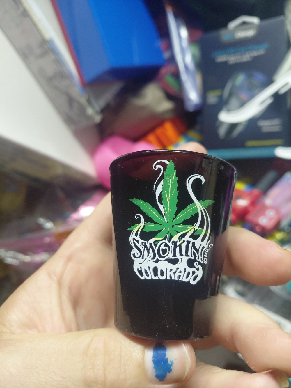 Smokin Colorado Black Shot Glass with Green Leaf Graphic